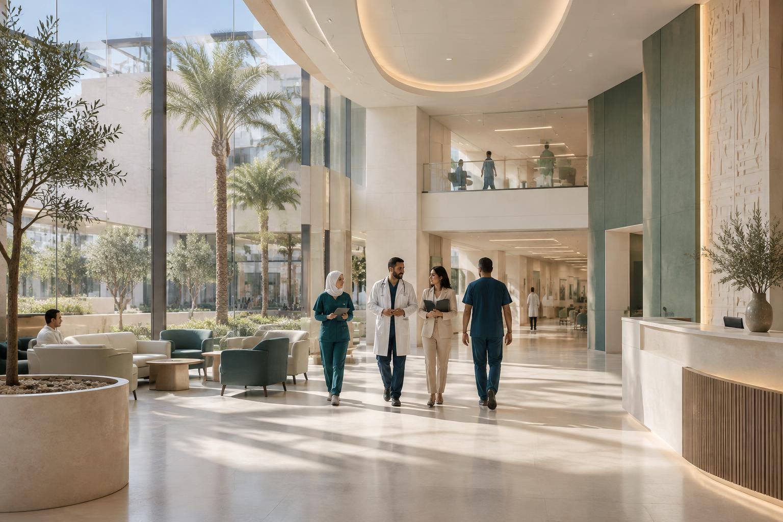 Healthcare professionals walking through a contemporary clinic atrium